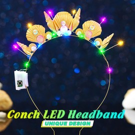 JEAIRTS Light Up Shell Headband Glowing Conch Hair Band Led Pearl Mermaid Costume Hair Accessories for Women (B-Shell+Crystal, Free Size)