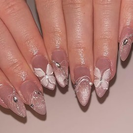 FIEONCIY Press on Almond Nails Medium Length Glossy Acrylic Almond Shaped False Nails with Designs Artificial Medium Fake Nails with Charms Glue Stick on Fingernails for Women Girls(MY219)