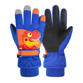Guantes de invierno impermeables para niños, guantes de nieve, guantes de esquí para niños y niñas, resistentes al viento, azul real, dinosaurio S
