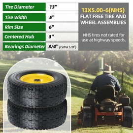 AR-PRO (2-Pack) 13x5.00-6 Flat Free Tire and Wheel Assembly, 3" Centered Hub, 3/4" Extra 5/8" Bearing, 13x5-6 Solid Turf Tires with Rim, Replacement Zero Turn and Riding Lawn Mower Front Wheels