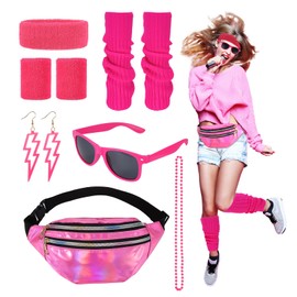 Heyu-Lotus Women's 80s Outfit, 90s Costume Clothing Accessories with Bum Bag, Headband, Leg Warmers, Bracelets, Glasses and Earrings for Carnival Neon Party
