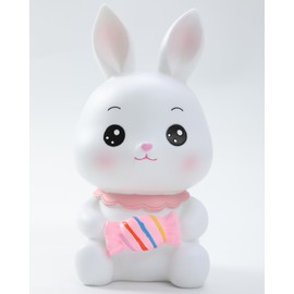 H&W Cute White Bunny Coin Bank with Candy, Shatterproof Rabbit Money Bank, Creative Money Bank, Can Store 1000 Coins, Best Bitrthday Gift