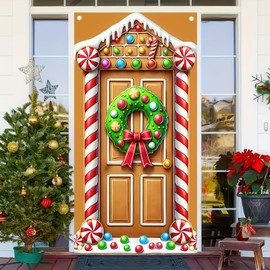 Christmas Gingerbread House Party Decorations, Gingerbread House Door Cover Banner and Welcome Christmas Porch Sign Hanging Banner for Winter Christmas Party Supplies Indoor Outdoor 71 x 35