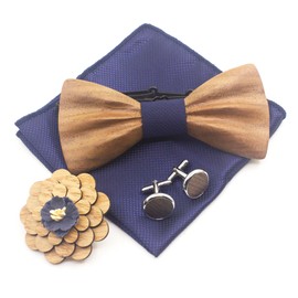 Cyriacus Wooden Bow Tie Set Men's Wooden Bow Tie Set for Wedding Performances Prom Gift, Dark Blue+Brooch