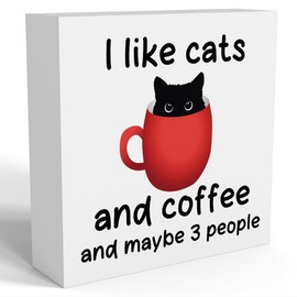 Coffee Bar Sign, Black Cat Office Desk Decor, Wooden Box Gift for Cat Lovers, Farmhouse Home Kitchen Shelf Table