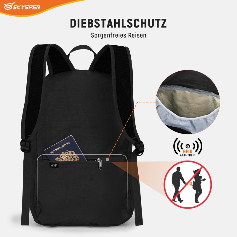 SKYSPER Foldable Backpack RFID Protection, 20L Small Backpack Hiking Backpack