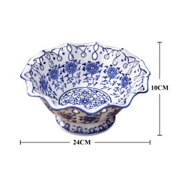 Fruit Bowl Fruit Serving Plate Blue and White Porcelain Decoration Bowl with Foot for Living Dining Drawing Room, 24 * 10cm (Blue&White-with foot)