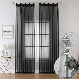 Ftinala Black Sheer Curtains 96 Inches Long Faux Linen Textured Pinch Pleat Curtains & Drapes Black Curtains for Bedroom Privacy Transparent Light Filtering Curtains 2 Panels Set Window Sheers