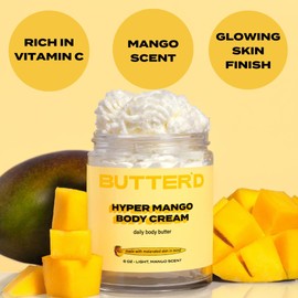 Butter'd Bodycare Hyper Mango Body Cream Mango Scent, Premium Body Butter for Improving Hyperpigmentation Hydrating Rich in Vitamin C, Rose Hip Oil, Jojoba Oil (4 oz)