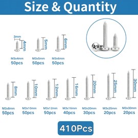 Zmbroll M3 Pan Head Self-Tapping Wood Screws,410Pcs Silver Wood Screw,Round Head Self Tapper Metal Fasteners,Mini 304 Stainless Steel Electronic Screws Coarse Threaded Sharp Point Fastener