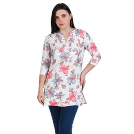 Ladyline Womens Rayon Printed Short Tunic Top Shirt Stand Collar Pintucks Button Kurti kurta Blouse (RPK NJSW490) (44/White-Pink)