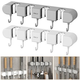 Clearance！Broom Mop Holder with Hooks Wall Mounted Broom Storage Rack No Drilling Self-Adhesive Mop Broom Organizer Mop Holder Hanger for Bathroom Office Kitchen Closet Garage - Color: White