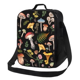 Gaakvrr Mushroom Lunch Box for Kids, Black Mushroom Lunch Bag for Boys and Girls, Reusable, Portable, Waterproof Lunch Bags with Adjustable Shoulder Strap and Side Pocket