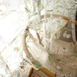 Botanic Birds Sheer Curtains 96 Inches Length Farmhouse Tulle Curtain Panels for Home Decoration Rod Pocket Light Filtering Voile Window Drapes for Patio Door Sliding Glass Door 1 Panel W55 X L96 Inch