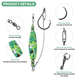 M METERXITY 4-Pack Catfish Float Rigs, 2.5 Inch EVA Buoyancy Foam Fishing Bobbers Popping with Swivel and Hooks for Streams/Lake/River Fishing, Floats Rattling Cork Catfish Gear [Green]