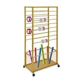 GDAE10 Gold Rolling Ribbon Holder Organizer Rack for Florists,16 Rod Steel Floral Wrapping Paper Rack,with Wheels & Storage Basket,Craft Supply Organizer