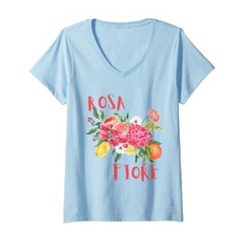 Womens Rosa fiore Italian summer aesthetic V-Neck T-Shirt