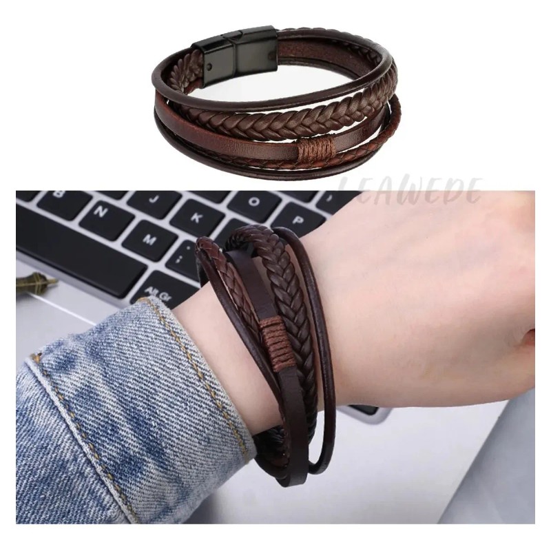 Leawede pulseras hombres De Cuero Con Hebilla Trenzada,Regalos Para Hombre