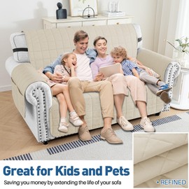 MAXIJIN Waterproof Love Seat Couch Covers 2 Cushion Sofa, 49" Quilted Loveseat Cover Slipcovers for Pets Dog Couch Cover Protector with Elastic Strap & Side Pocket (Loveseat, Beige)