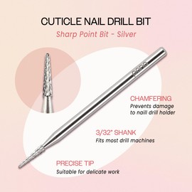 PANA 3/32" Carbide Cuticle Nail Drill Bit for Cuticle Cleaning, Dead Skin Removal, Gel Polish & Acrylic Removal, Under Nail Cleaner, Nail Salon, Manicure Tools (Sharp Point - Silver, Medium)
