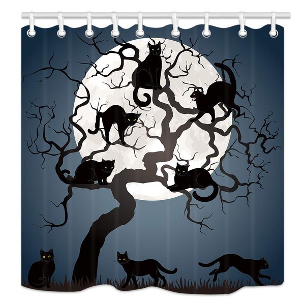 NYMB Black Cats on Tree in Night with Full Moon