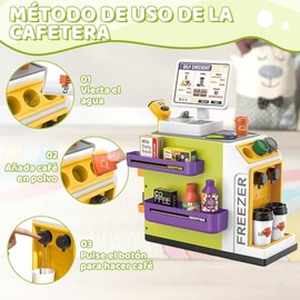 Nasjac 48PCS Juguete de Caja Registradora de Cafetera Puede, 3-en-1 Juego De Simulación Cajero con Sonido y luz simulada, con Mesa de Postres, Juguete