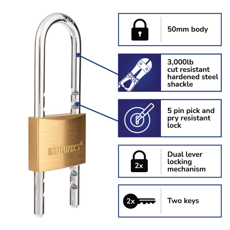 BRINKS - 50mm Solid Brass Keyed Padlock with Adjustable Shackle