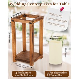 Huquary 8 Pcs Wooden Wedding Lantern Centerpiece for Table Decoration Includes 4 Farmhouse Candle Holder and 4 Flameless Decorative LED Candles for Rustic Home Wedding Decor(Dark Brown)