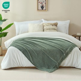 GINAMUSE Chenille Throw Blanket for Couch with Tassels,50"X60" Soft Cozy Lightweight Knitted Boho Decorative Blankets for Bed and Sofa,Light Green