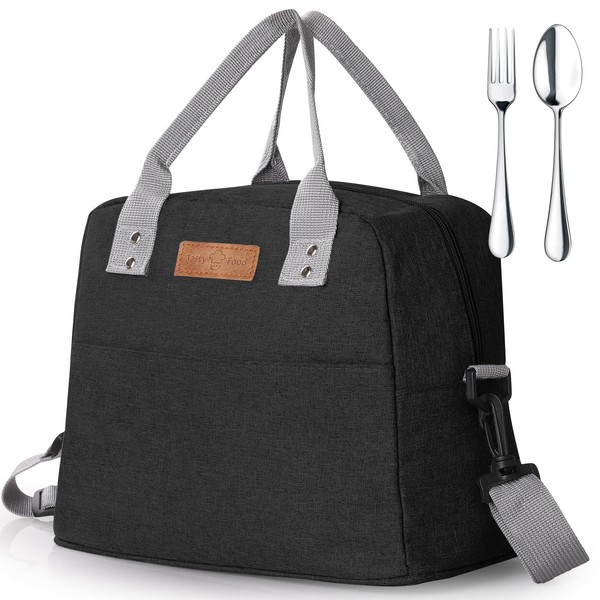 GeeRic 7.5L Thermal Bag + Fork + Spoon with Adjustable Shoulder Strap Waterproof Leakproof Reusable Lunch Bag Food Organizer for Picnic School Office Adult Children Black