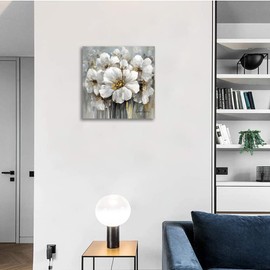 Flower Picture Decor Wall Art Abstract White and Grey Blooming Floral with Gold for Bedroom Living Room Walls Decoration Canvas Framed 24"x24"