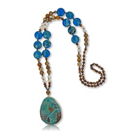 MGR MY GEMS ROCK! Genuine Stone Imperial & Picture Jasper Long Necklace with Pendant, 31" Long.