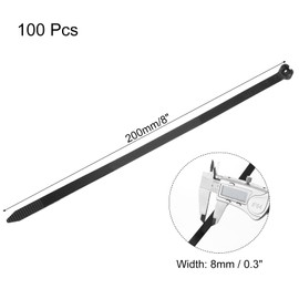 MECCANIXITY Cable Zip Ties 8"x0.31", 100 Pcs Metal Tooth Self-Locking Wire Ties for Cord Management Indoor Outdoor, Tensile Strength 100 lbs, Black