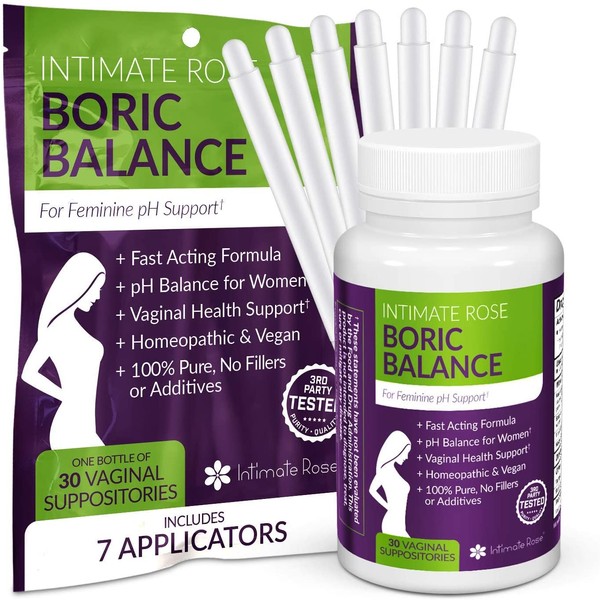 Boric Acid Vaginal Suppositories - 30 Count (600mg) + 7 Applicators - Made in USA - Helps Fight Against BV, Yeast Infections, Odor - Promote pH Balance for Women Vaginal Health