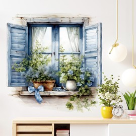DRWSSR 3D Creative Fake Window Wall Sticker Removable DIY Romantic Blue Flowers Plants Wall Stickers Peel and Stick Vinyl Bow Natural Scenery Fake Window Wall Decal for Bedroom Living Room Decoration