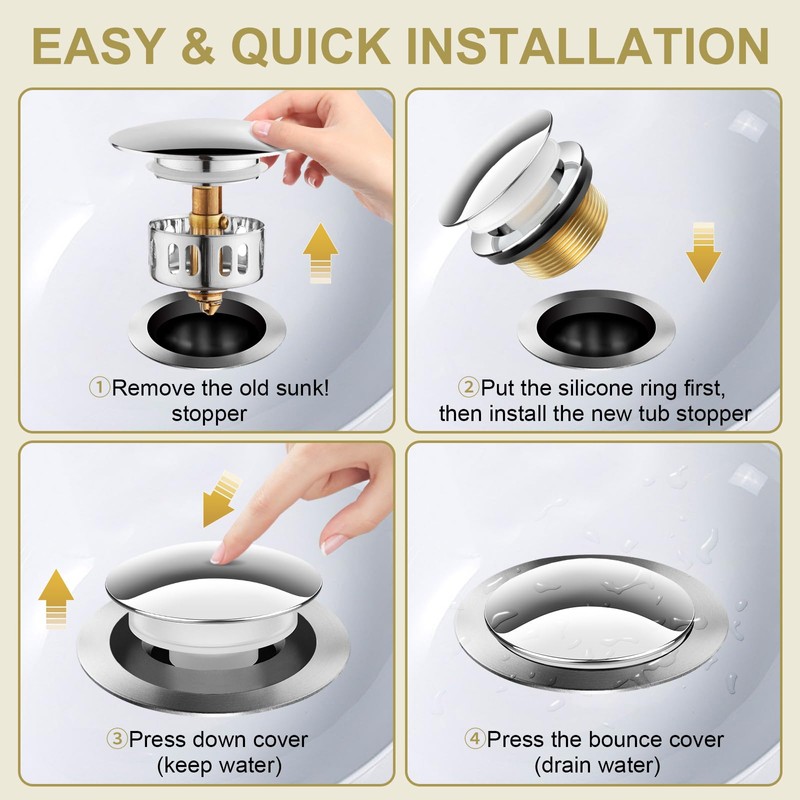 Yaseingoo Chrome Bathtub Drain Stopper, Solid Brass Tip-Toe Bath Tub