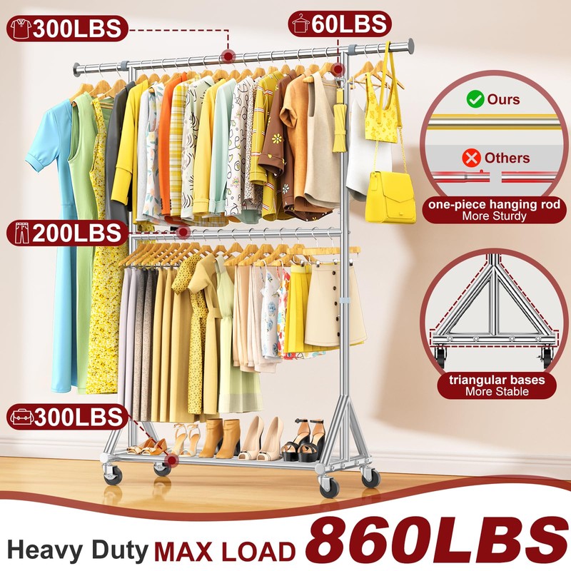 100% Stainless Steel Heavy Duty Clothes Rack Load 860LBS, Rolling