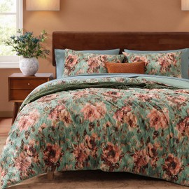 CASAAGUSTO King Comforter Set, 7 PCS Sage & Red Floral Comforter Set with Flowers Leaves Pattern, Soft Velvet Design for Winter King Size Bedding Set(102"X90")