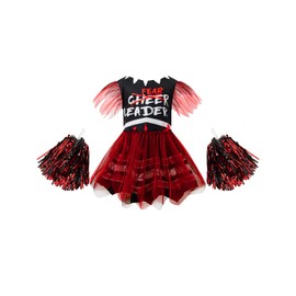 MOMMY'S NEW MAN Girl Scary Bloody Cheerleader Costume Black Red Zombie Cheerleader Costume Cosplay Fearsome Skirt (9-10 Years)