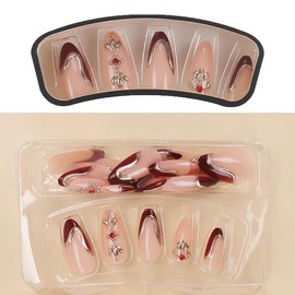 BABALAL Press on False Nails Almond Medium Fake Nails - Brown Red French Glue on Acrylic Nails 3D Gold Chrome Design Y2k Vintage 24Pcs Handmade Artificial