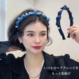Lapimou Headband Ribbon, Denim Pearl, Women's Hair Access, Denim Fabric, Hair Accessories, Small Face, Girly, Korean Fashion, Blue, Navy, Blue, Navy, Indigo, Cute, Stylish, Popular, Trend (Light Blue