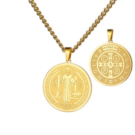 kkjoy Archangel Saint Michael Protect Us Necklace Stainless Steel Saint Benedict of Nursia Saint Cyprian Religious Pendant Necklace Protection Amulet Jewellery Catholic Gift for Men Women, Stainless