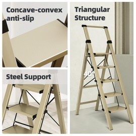 HillhutApex 5 Step Foldable Aluminum Step Ladder with Handgrip, Anti-Slip Pedal, 330 lbs Capacity, Lightweight & Portable for Home, Kitchen, Office, Garage (Gold)