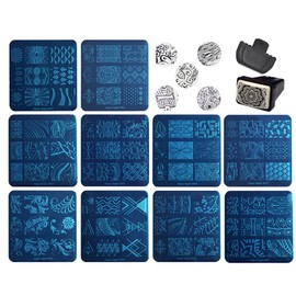 Finger Angel 10Pcs Nail Art Stamping Templates Manicure Tool Kit 10pcs Nail Stamping Plates+1Pcs Nail Stamper
