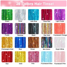 Ainani 20 Colors Hair Tinsel, 48 Inch 8000 Strands Hair Tinsel Kit with Tools Fairy Hair Tinsel Heat Resistant Glitter Tinsel Hair Extensions Sparkling Colored Hair Accessories for Girls Women