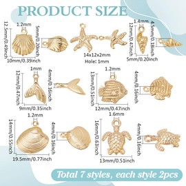 PH PandaHall 14K Gold Plated Ocean Theme Charms, 14pcs 7 Styles Sea Life Charms Gold Shell Fish Starfish Tortoise Charm Pendant Summer Beach Charms for Necklace Bracelet Jewelry Making