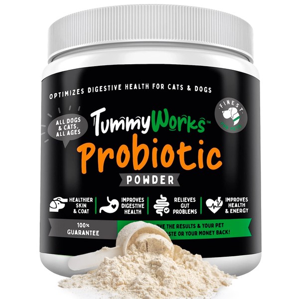 TummyWorks Probiotic Powder for Dogs & Cats. Relieves Diarrhea, Upset Stomach, Gas, Constipation & Bad Breath, Itching, Allergies & Yeast Infections. Added Digestive Enzymes & Prebiotics. Made in USA