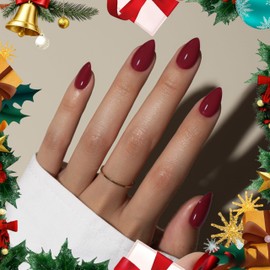 KQueenest Dark Red Press On Nails Short - Acrylic Press On Nails Almond, Sheer Short Fake Nails Burgundy Red, Glossy Opaque, Stiletto Reusable Soft Gel Glue on Nails for Women Fall Winter, 30 Pcs