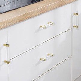 BonKuDoo 5 Pack Cabinet Pulls Drawer Pulls 3 Inch Gold Cabinet Handles, Clear Glass Crystal Pulls for Kitchen Bathroom, Brushed Brass