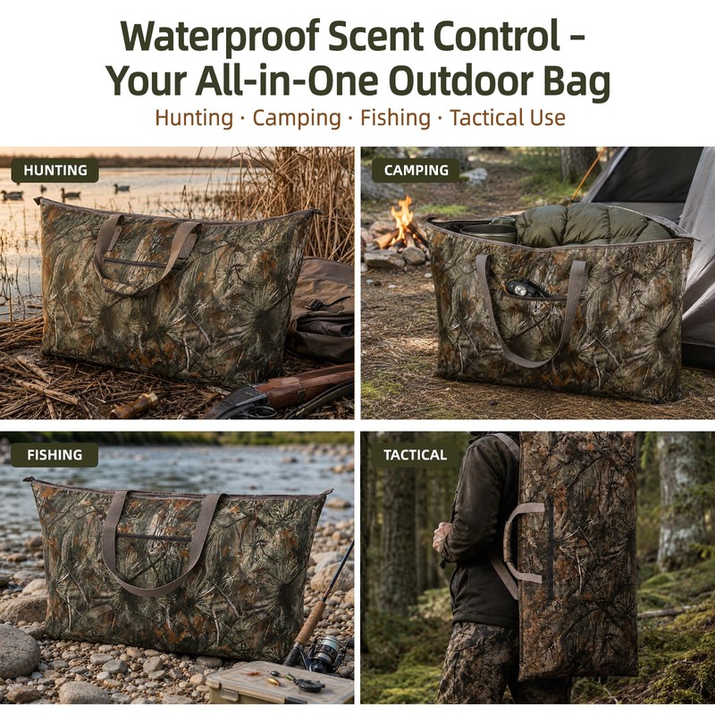 FUNHORUN Extra Large Camo Scent Proof Hunting Bag, 50x26" Waterproof